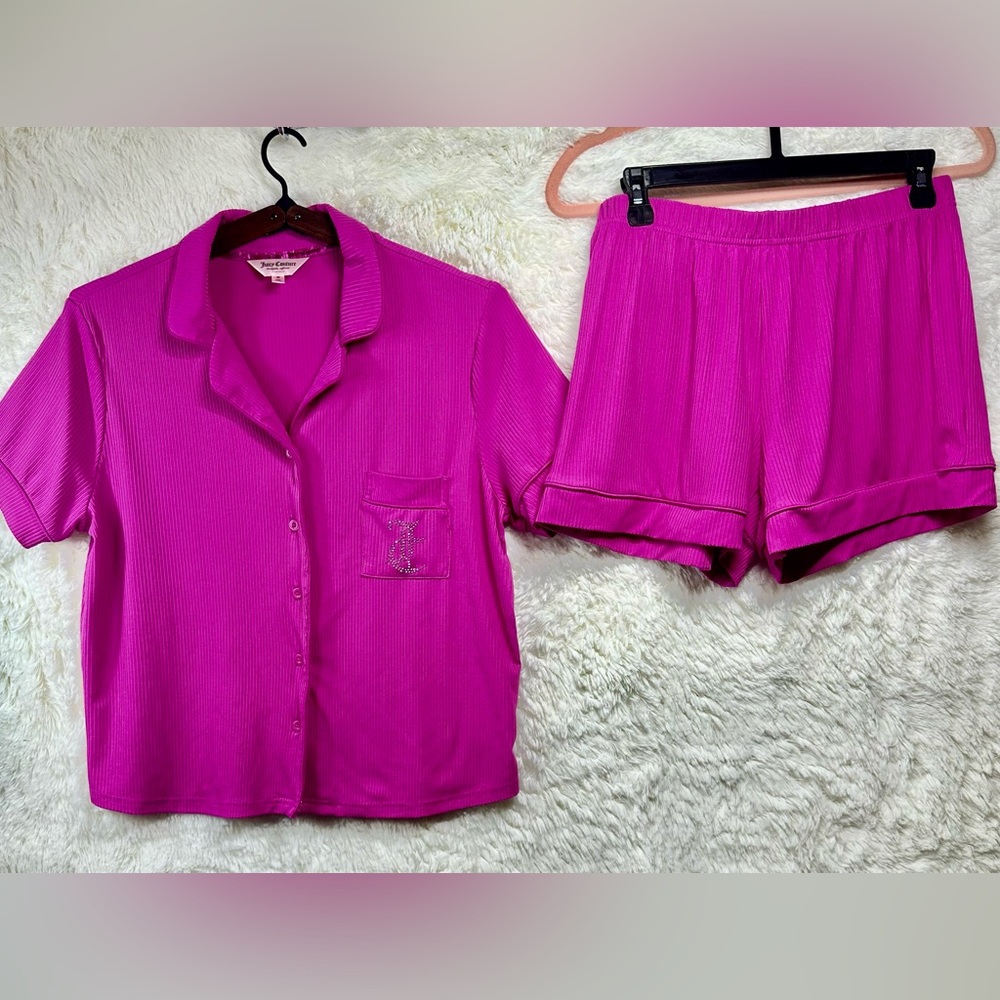 Juicy Couture Women’s Ribbed Short Sleeve Notch Collar Shirt & Shorts Pajama Set